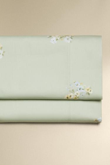 LENZUOLO DI SOPRA IN SATIN CON FIORI SELVATICI - Verde di Zara