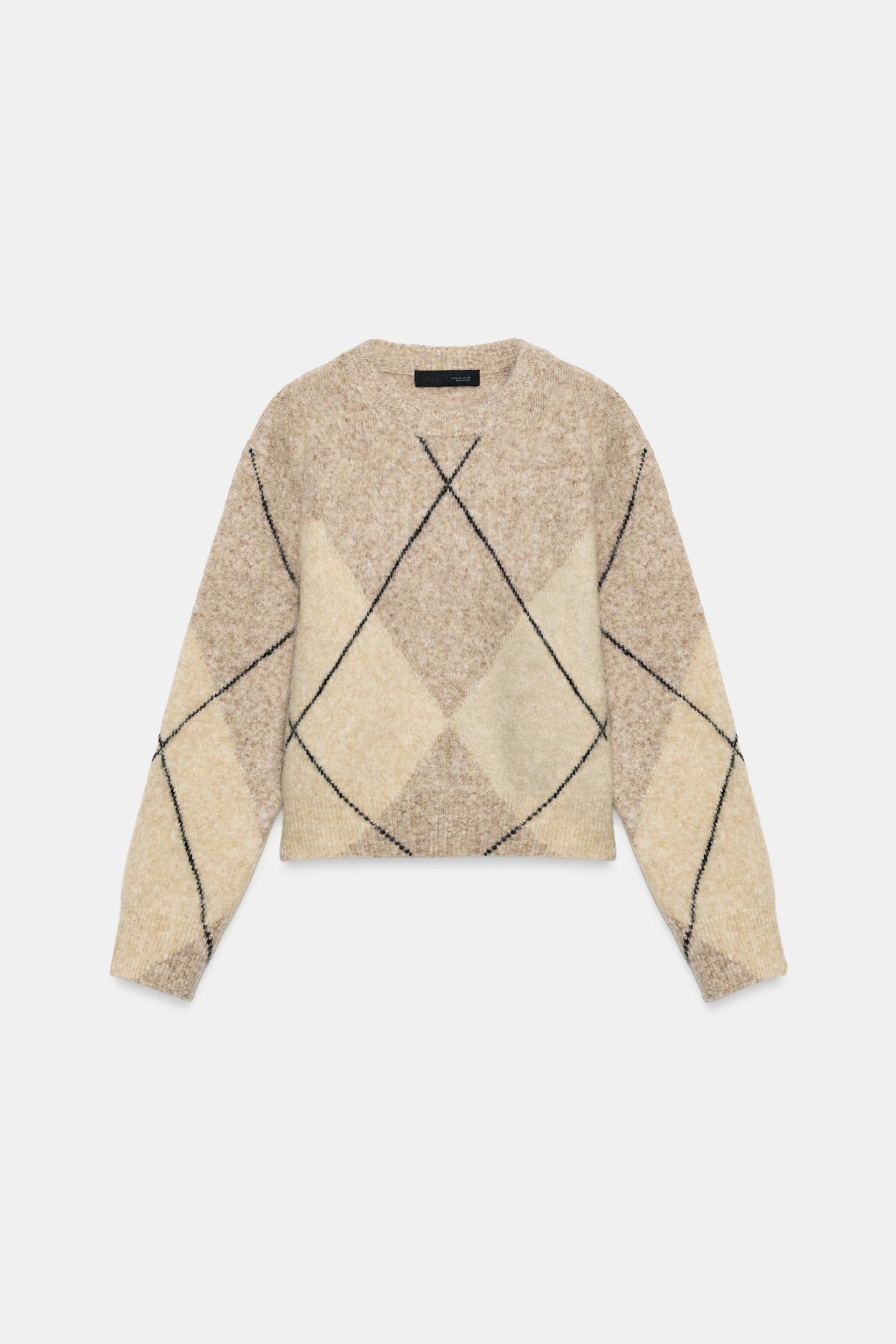 Женский свитер Zara Brushed Effect Argyle, цвет: Экрю / Бежевый — фото 6