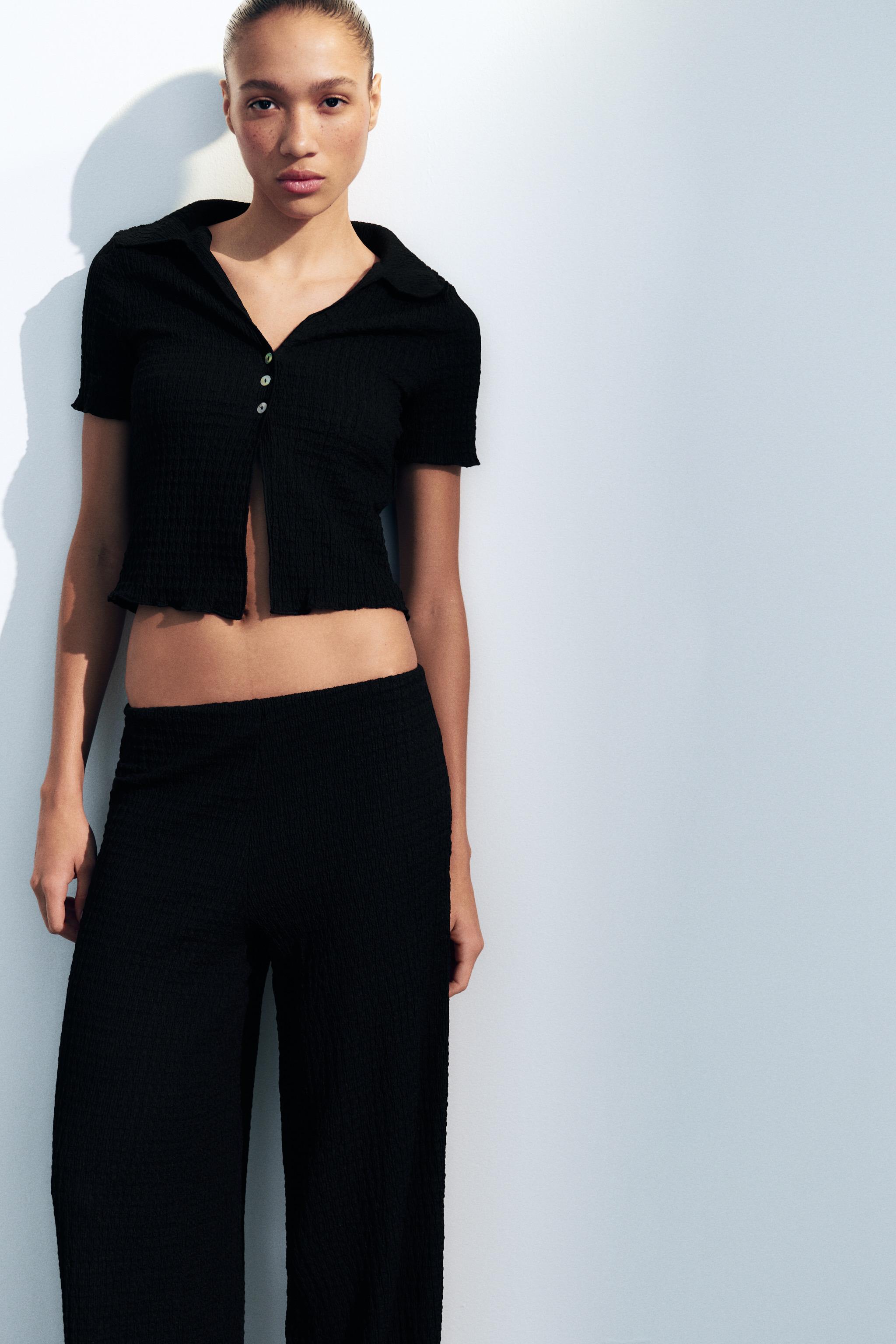 TEXTURED STRAIGHT LEG PANTS — Black