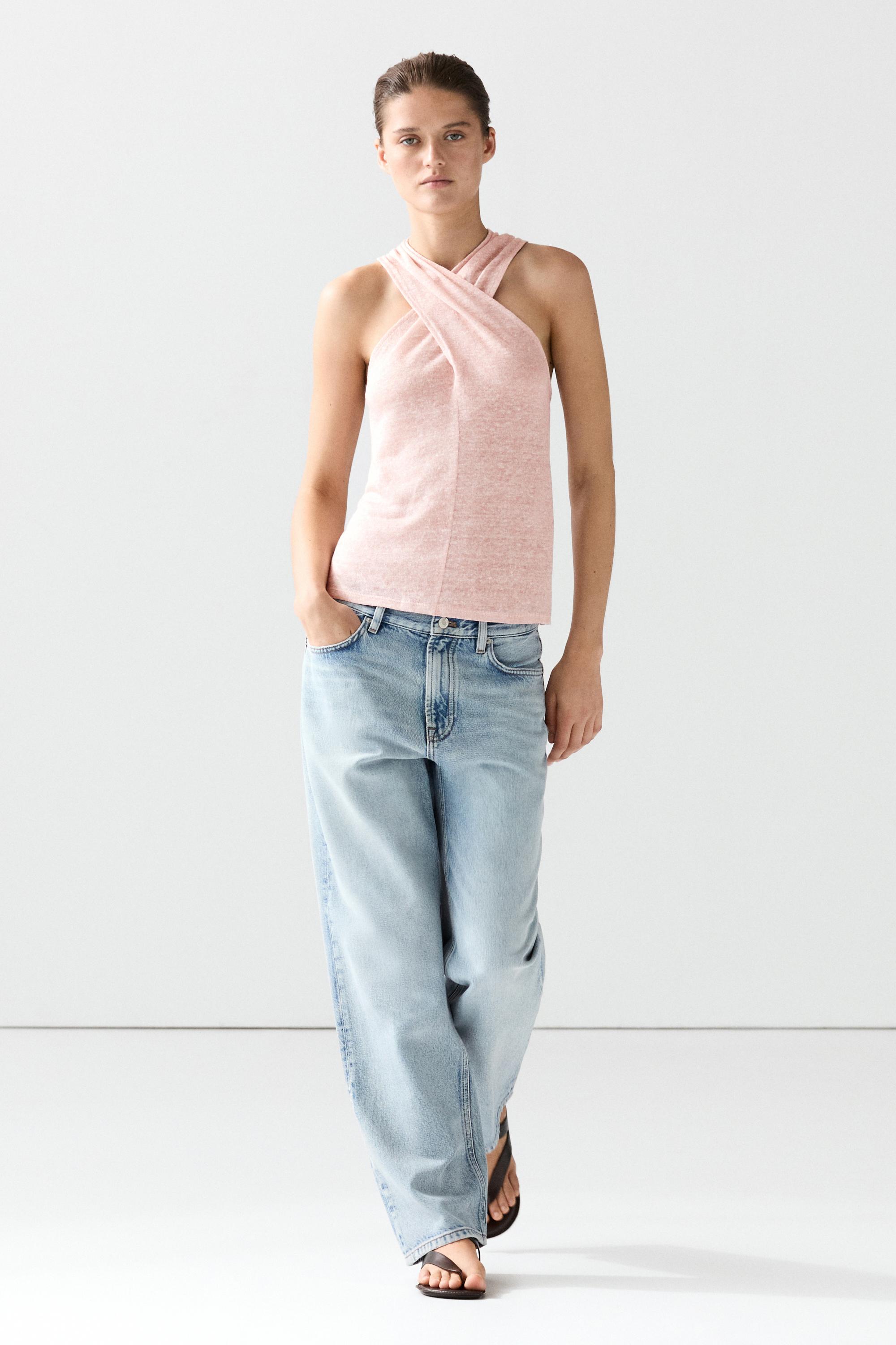 Linen blend top with surplice neckline