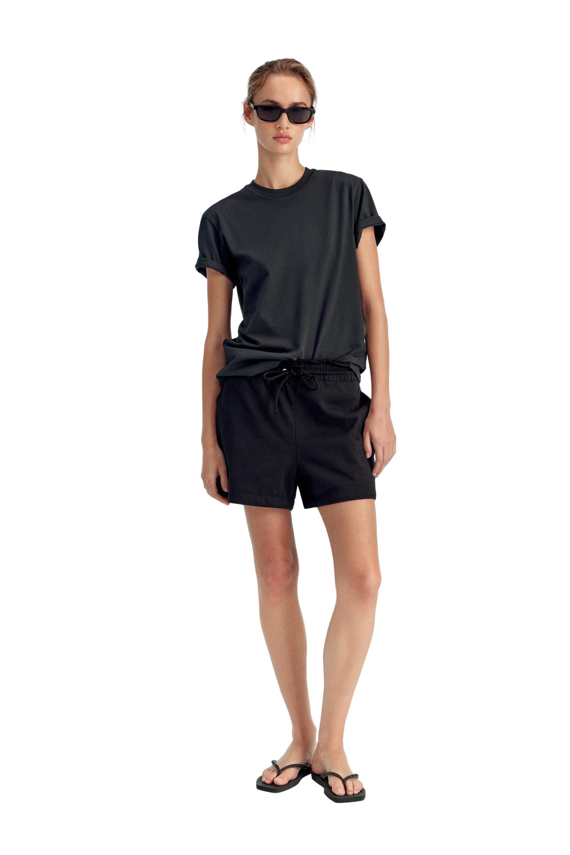 PAPERBAG WAIST COTTON SHORTS — Black