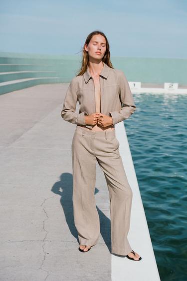 Zara STRAIGHT LEG HERRINGBONE PANTS - Sand