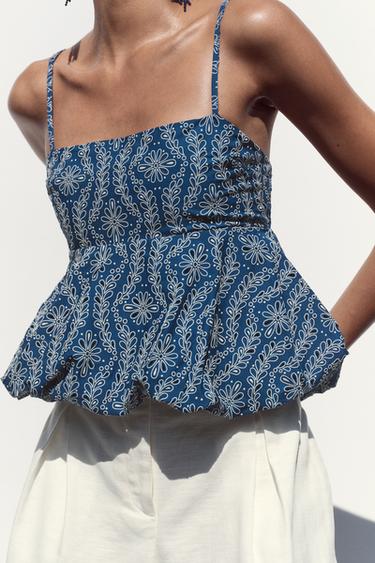 TOP WITH RUBBERISED CUTWORK EMBROIDERY - Navy / White by Zara - Image 1