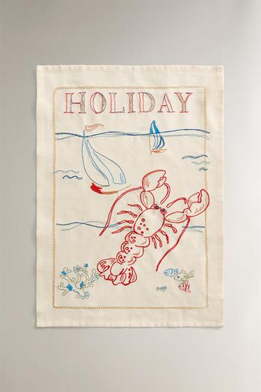 EMBROIDERED HOLIDAY TEA TOWEL - Blue by Zara - Image 1
