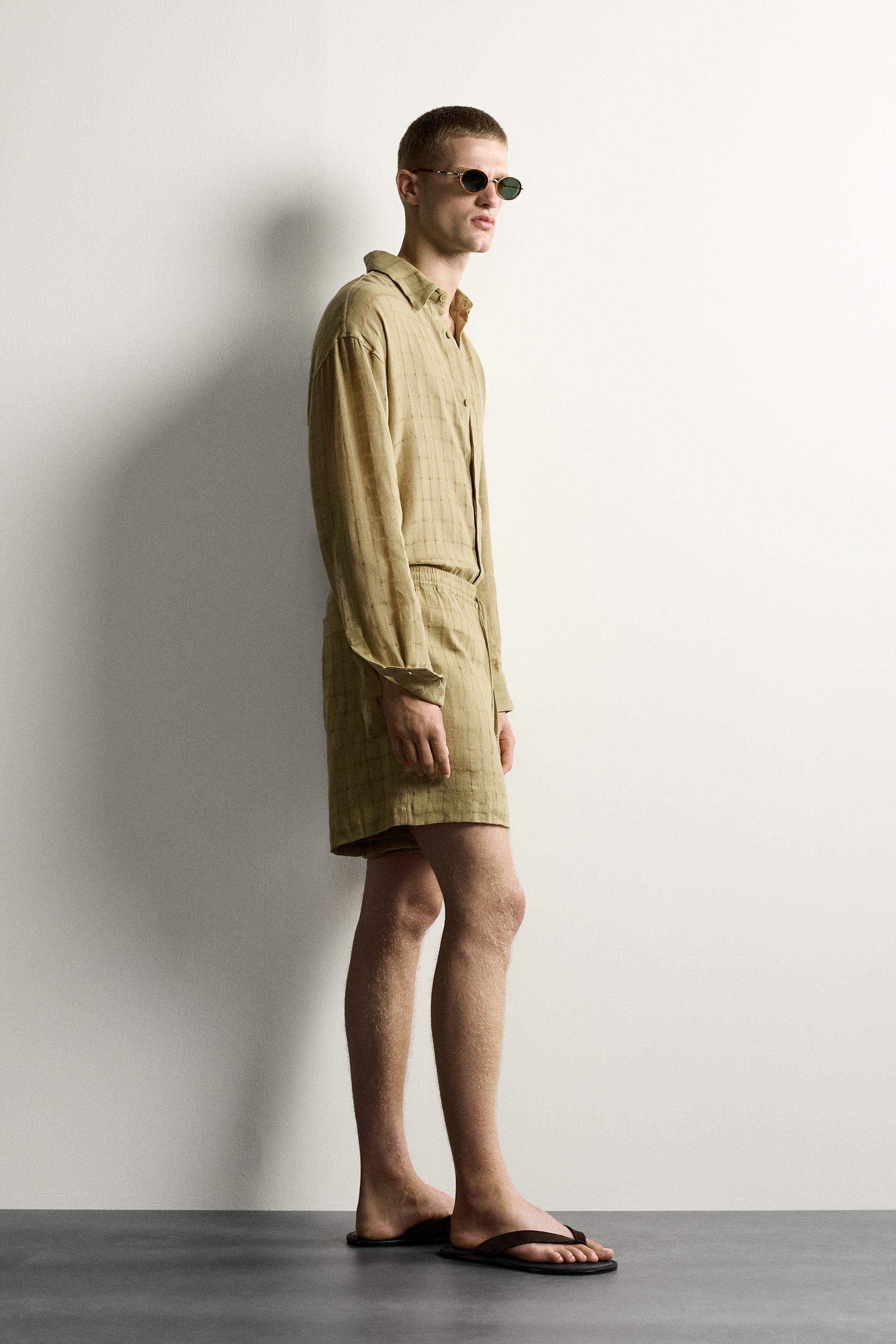 LINEN COTTON BLEND CHECKED JACQUARD SHORTS — Light khaki (alternate view)