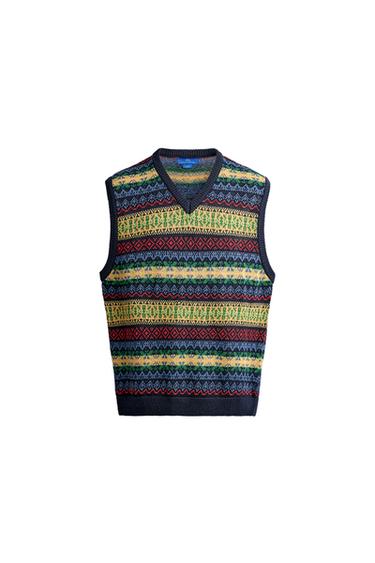 Zara AARON LEVINE X ZARA 100% LINEN GEOMETRIC JACQUARD KNIT VEST - Navy blue