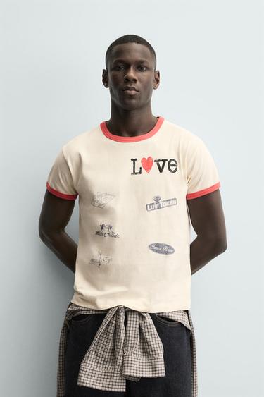 Zara CONTRAST RIB HEART T-SHIRT - Ecru