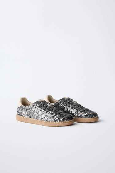 Zara SEQUIN SNEAKERS - Silver