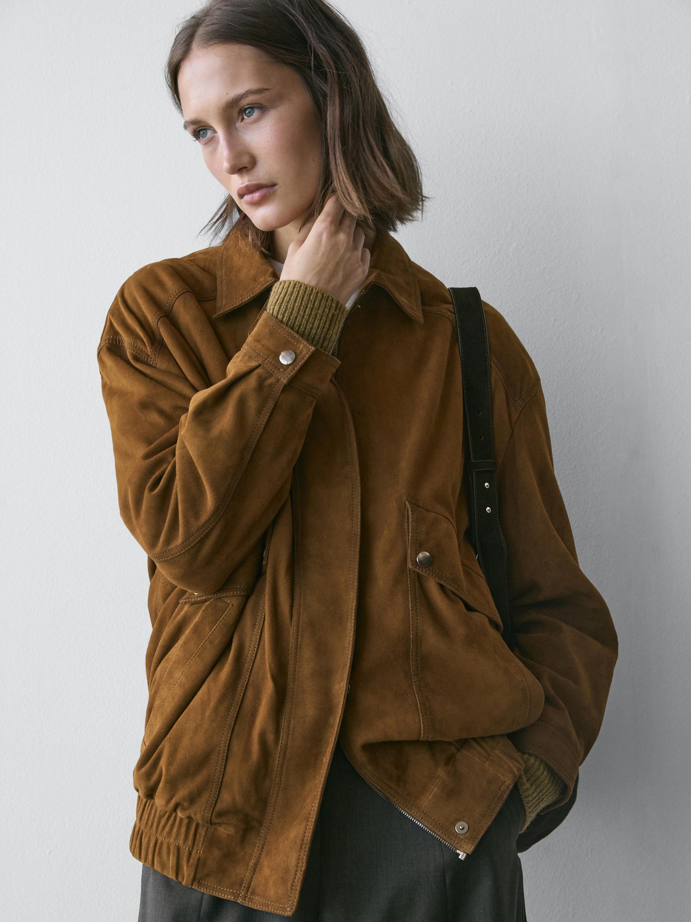 Suede leather bomber jacket with pockets