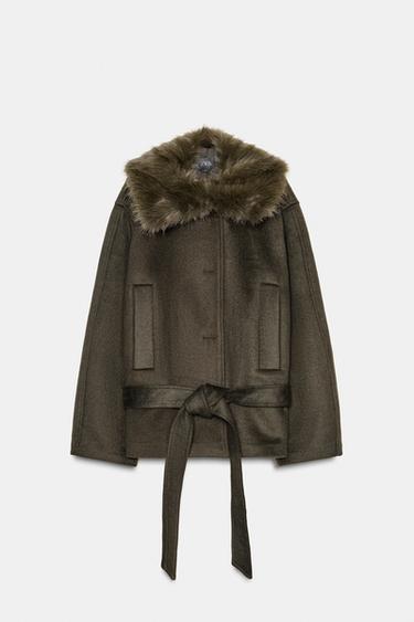 PALLTO ME LESH JAKË IMITIM GËZOFI - Kaki e errët nga Zara