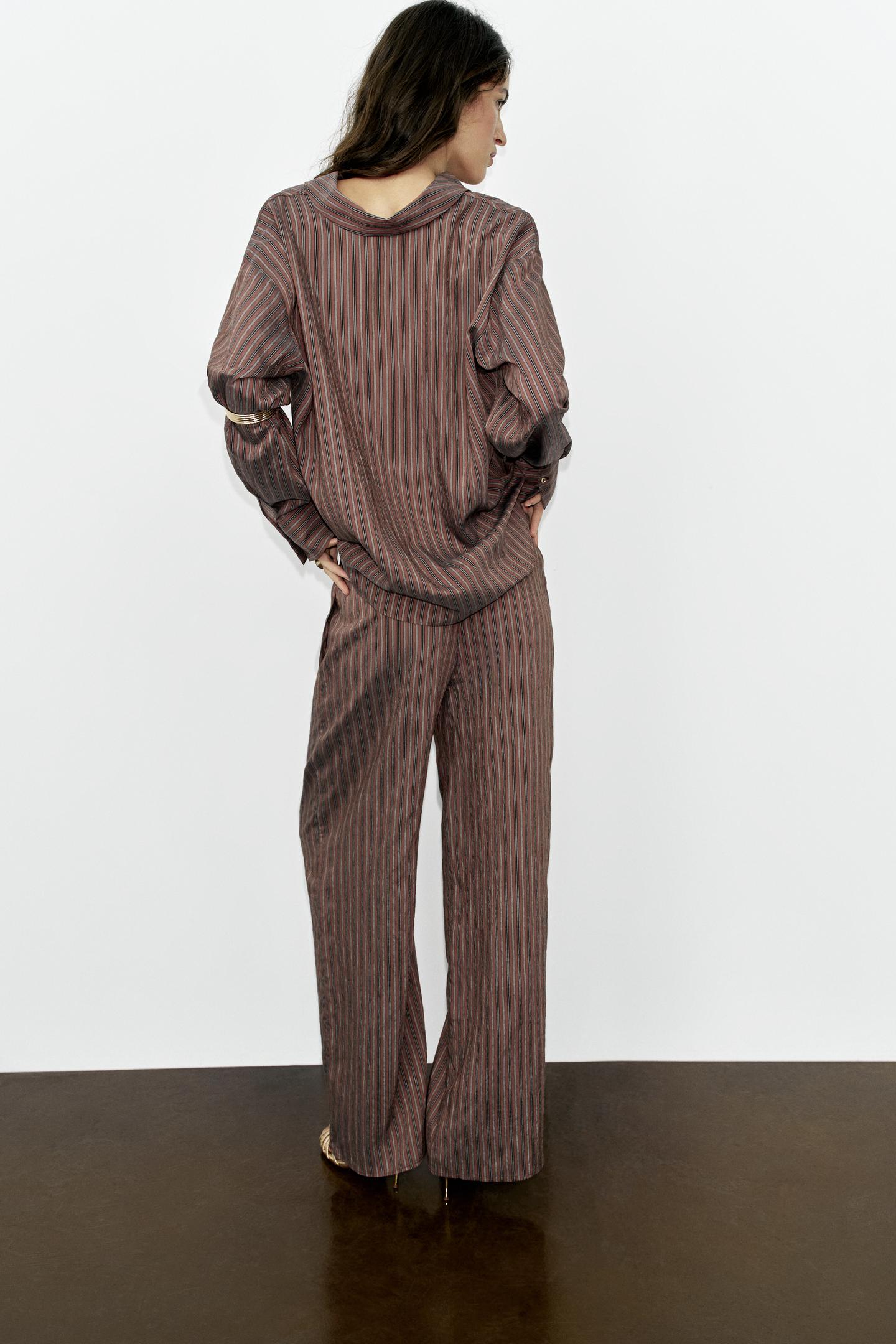Женская рубашка Zara Striped Flowy, цвет: Коричневый / Экрю — фото 6