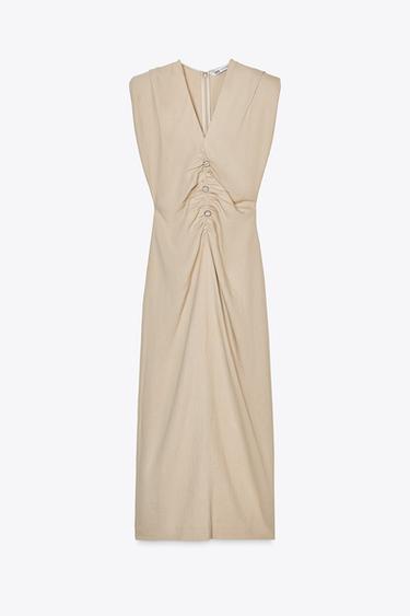 KLEID MIT SCHULTERPOLSTERN AUS LEINENMISCHGEWEBE – ZW COLLECTION - grau-beige von Zara