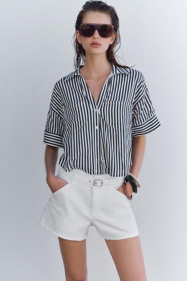 CROPPED LINEN BLEND SHIRT - Blue/White by Zara