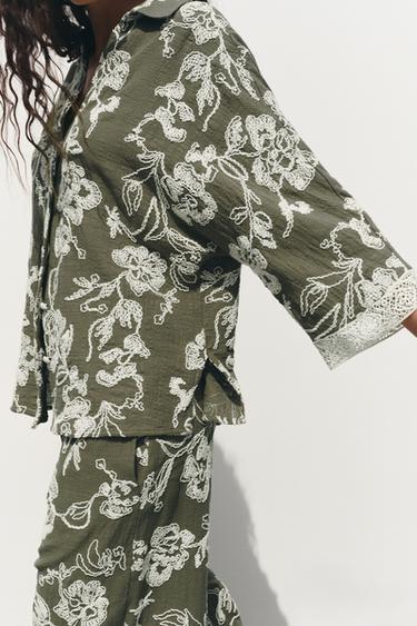 EMBROIDERED SHIRT WITH GUIPURE SLEEVES - ecru/khaki by Zara - Image 2