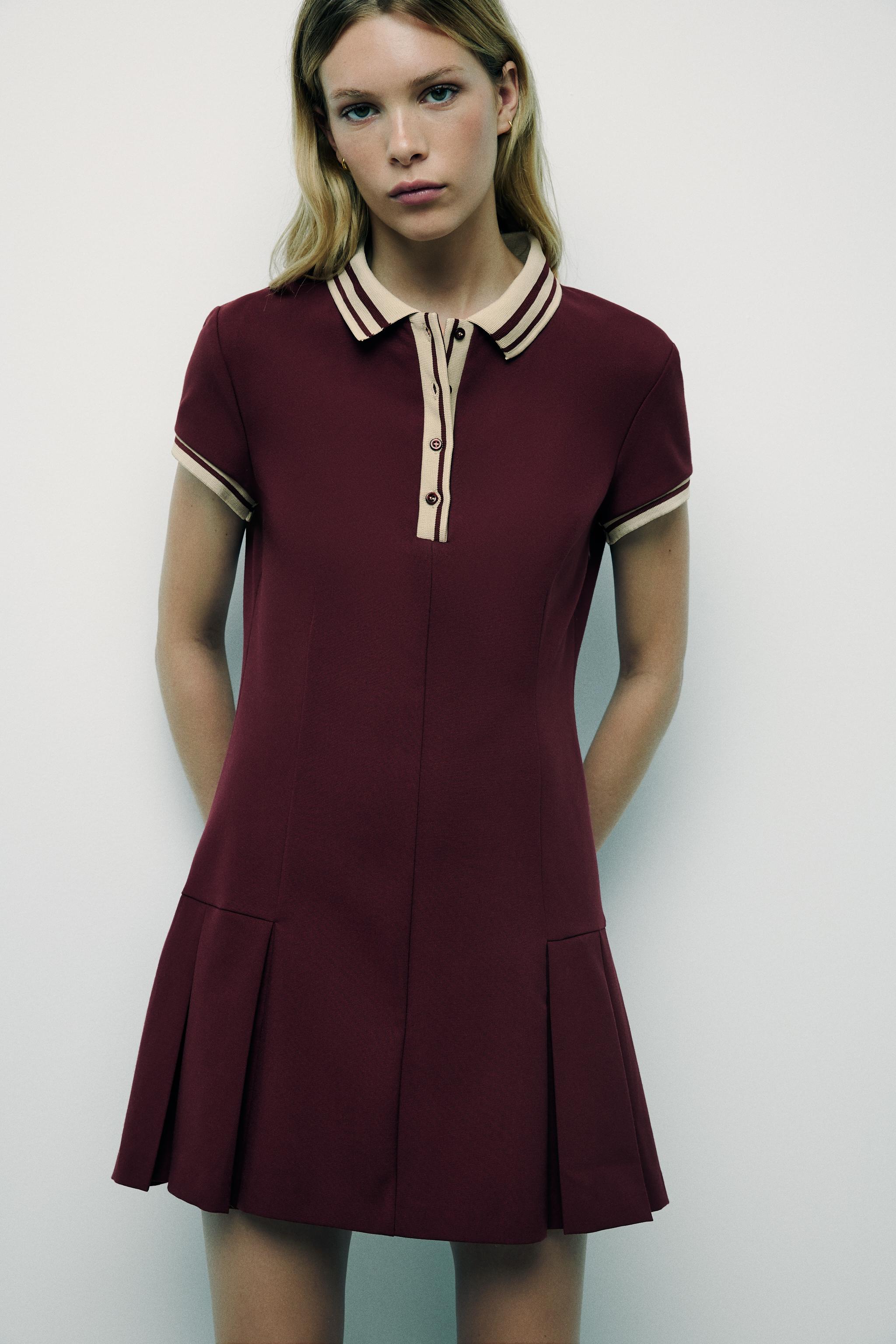 BOX PLEAT DRESS WITH CONTRASTING RIB TRIM - Wine | ZARA United States