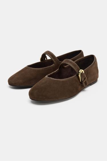Zara SUEDE BALLET FLATS - Chocolate Brown