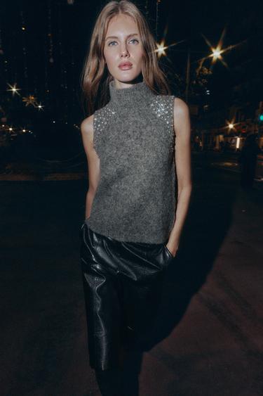 TOP CON LANA ABALORIOS JOYA - Gris antracita de Zara