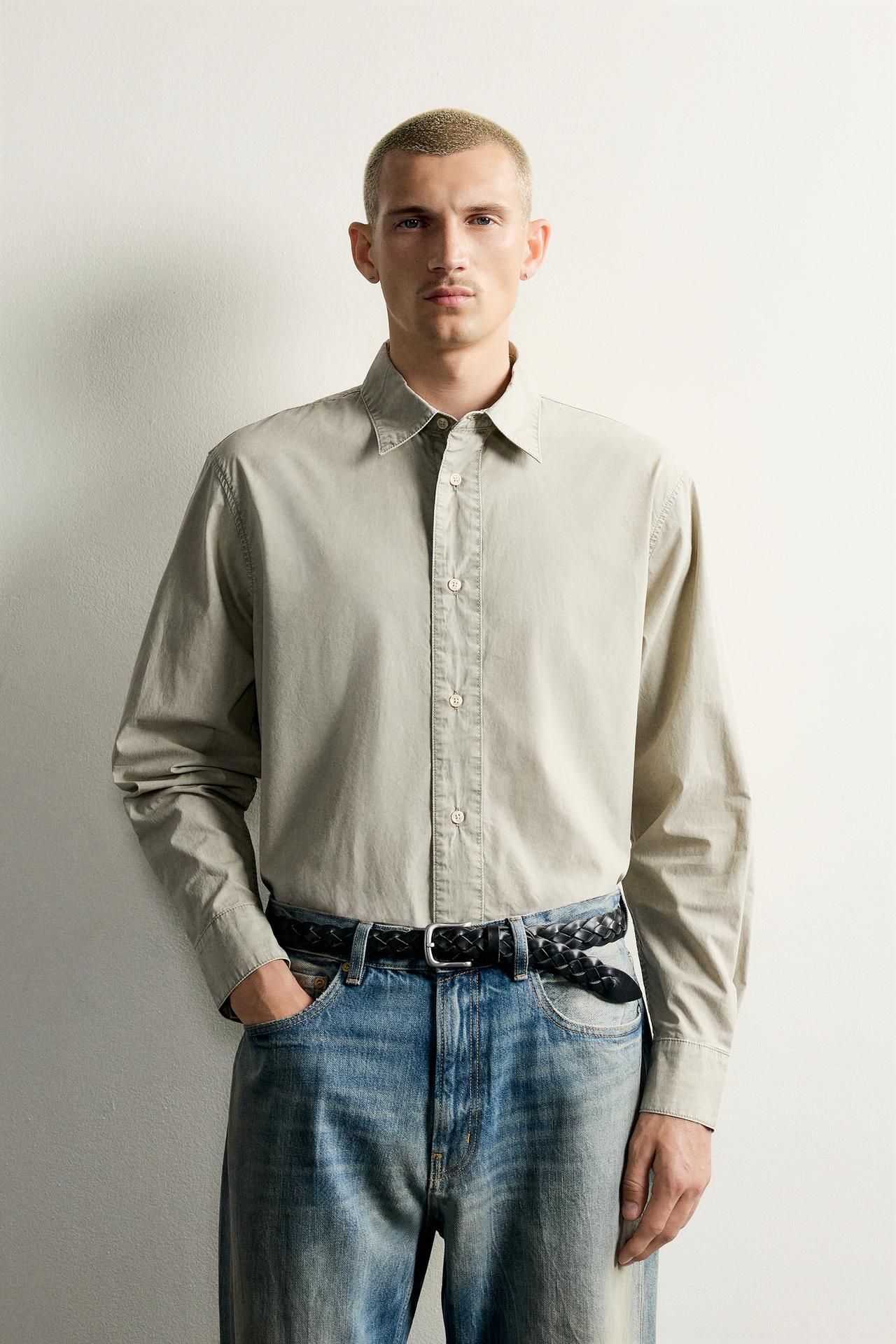 ACID WASH RELAXED FIT SHIRT — Beige