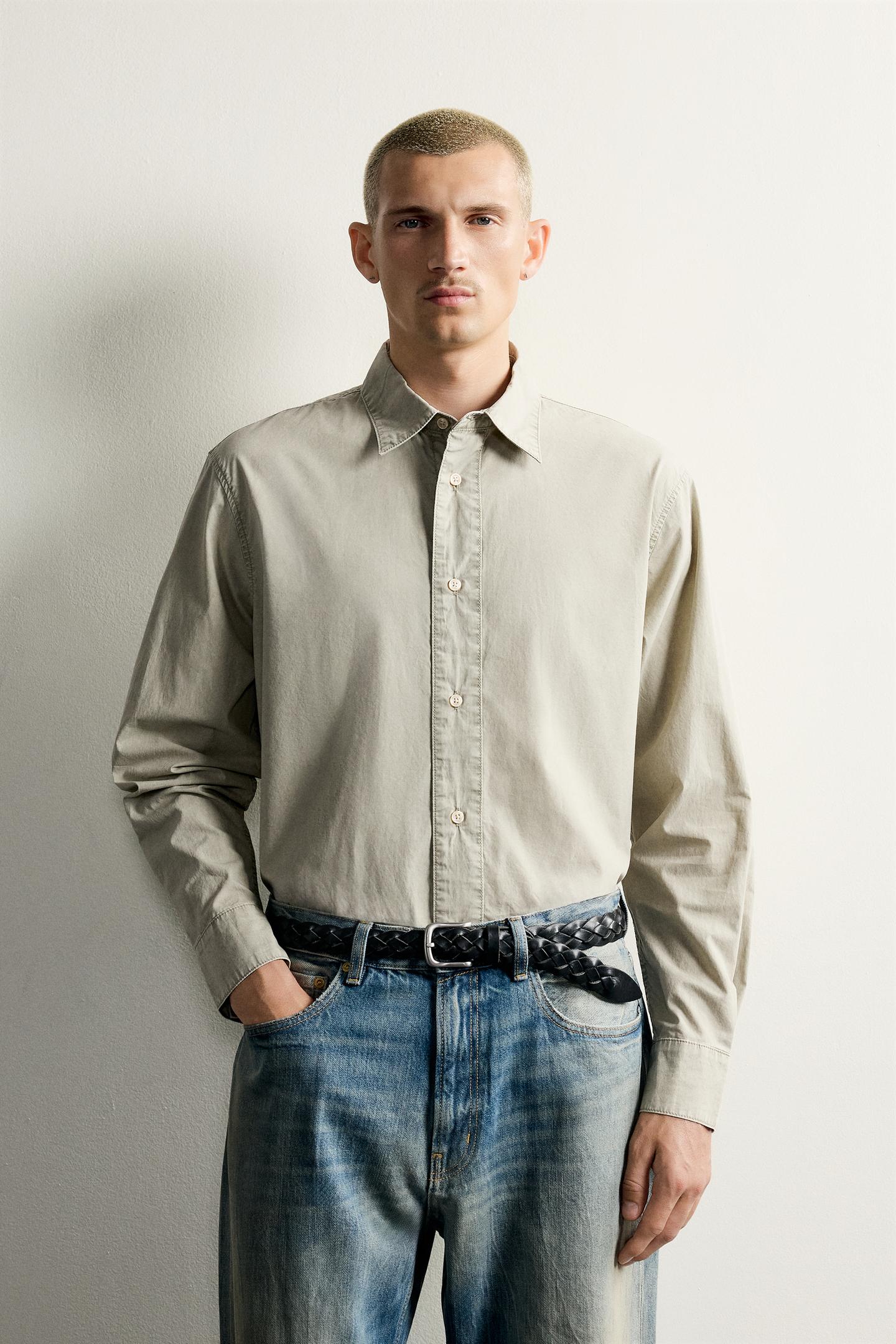 Мужская рубашка Zara Acid Wash Relaxed Fit, цвет: Бежевый — фото 2