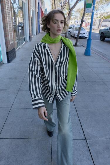 Zara 條紋襯衫配側邊抽繩 - 裸色 / 黑色