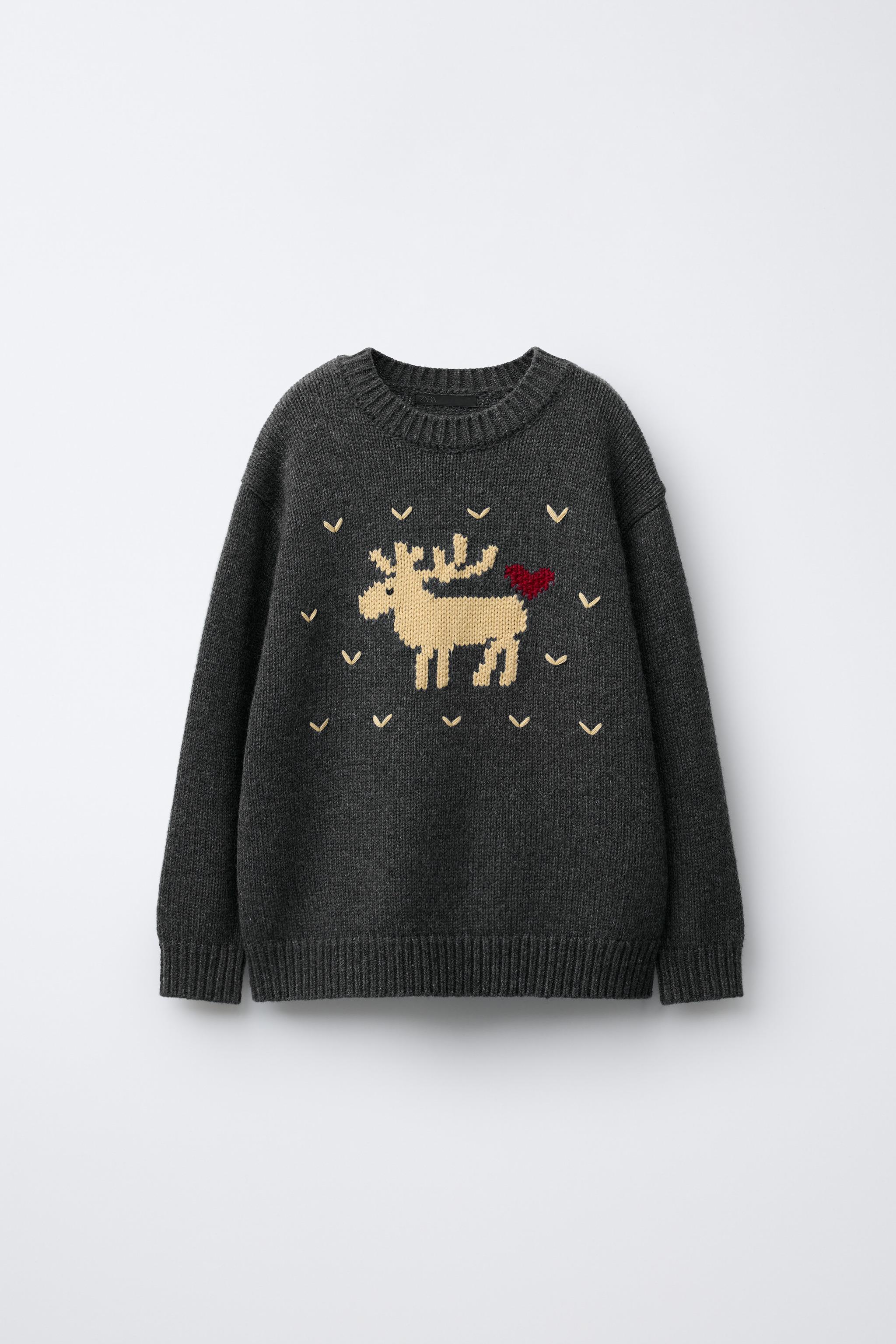 AGES 7-12/ WOOL BLEND KNIT JUMPER WITH EMBROIDERED REINDEER AND HEARTS