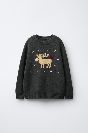 7-12 YEARS/ KNIT JUMPER WITH WOOL EMBROIDERED REINDEER HEARTS - Dark anthracite by Zara - Image 0