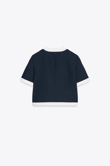 BLAZER MANCHES COURTES LISERÉS CONTRASTE - Bleu marine de Zara - Image 7