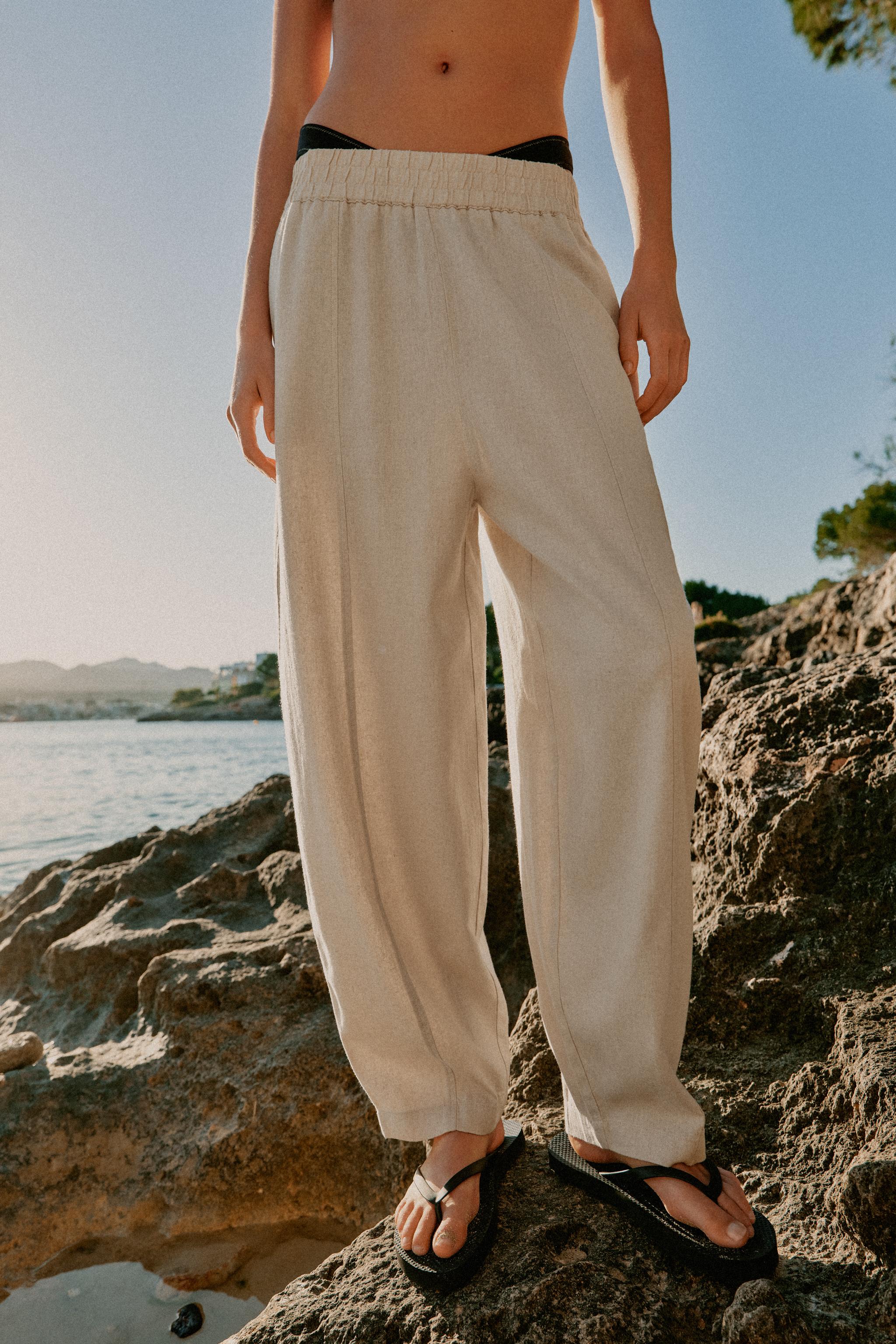 LINEN BARREL PANTS — Light beige