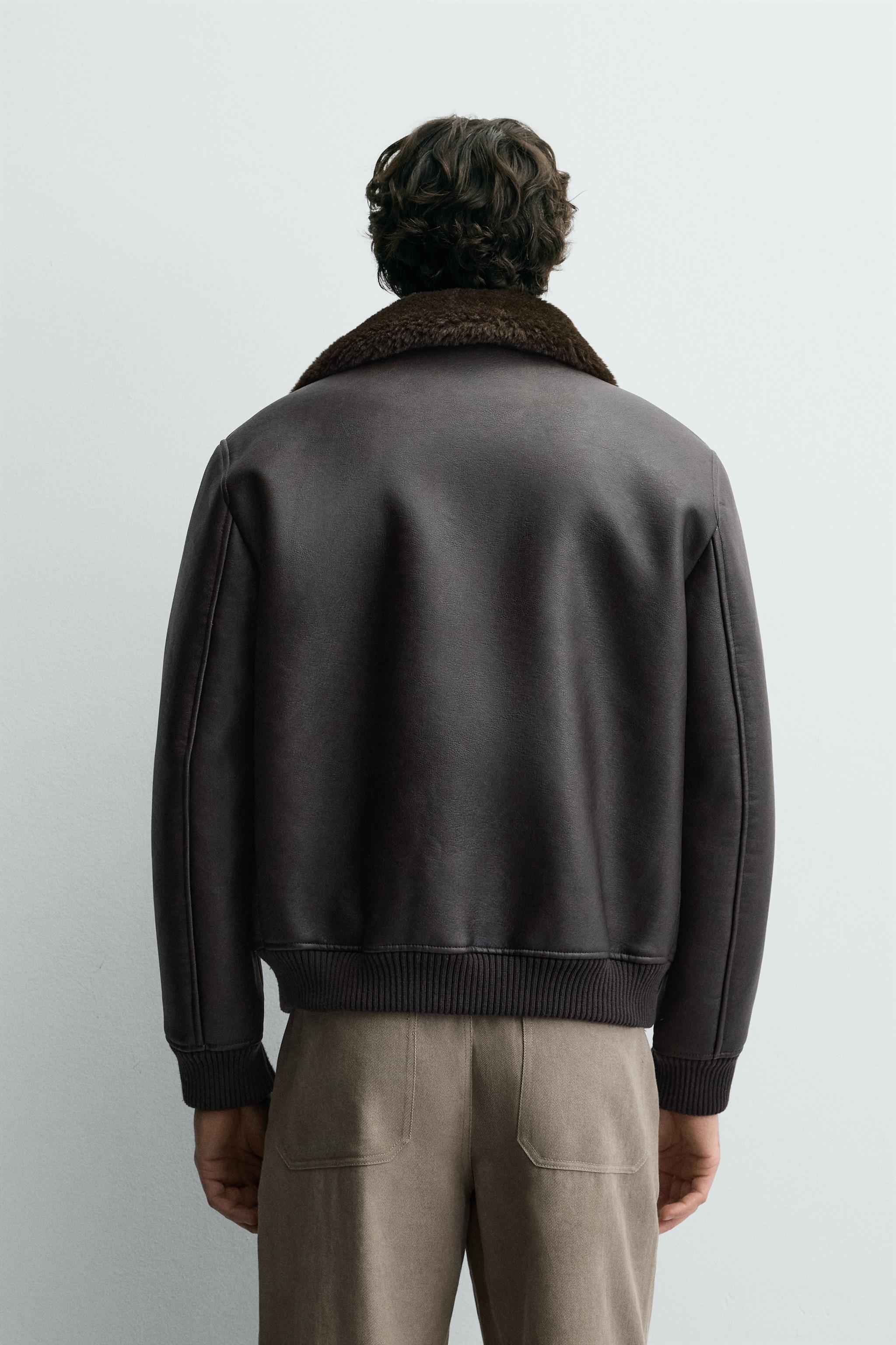 フェイクレザー コントラストカラー ジャケット - ダークブラウン