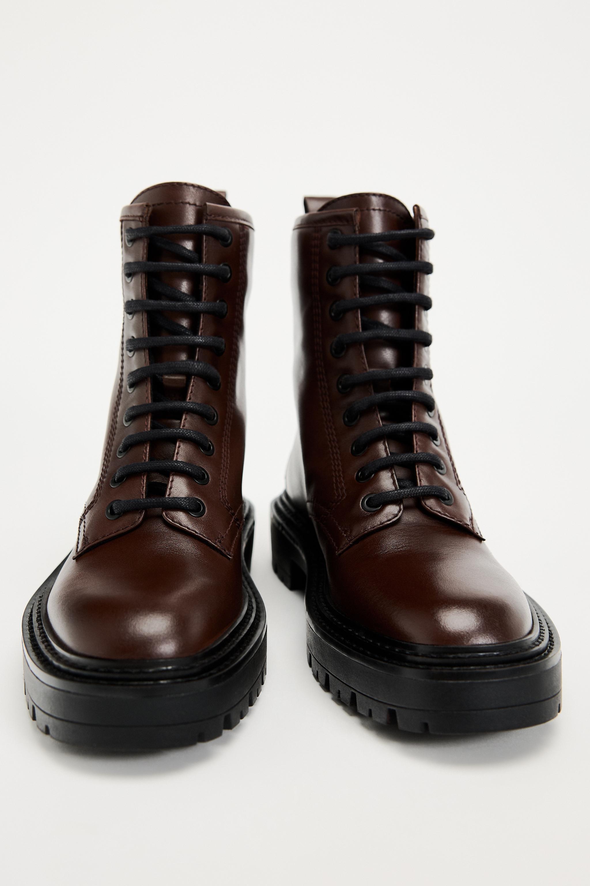LACE-UP LEATHER ANKLE BOOTS - Chocolate Brown | ZARA United States
