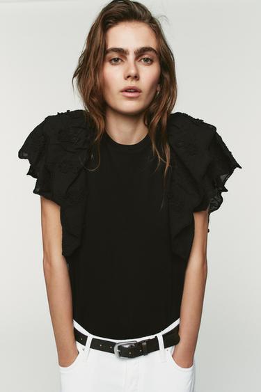 Zara RUFFLE SHORT SLEEVE TOP - Black