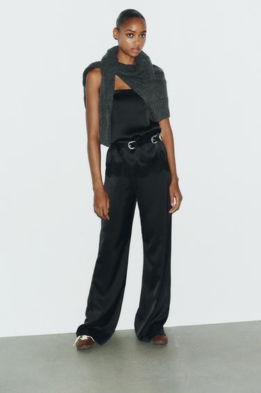 PANTALON SATINÉ TAILLE HAUTE - Noir de Zara