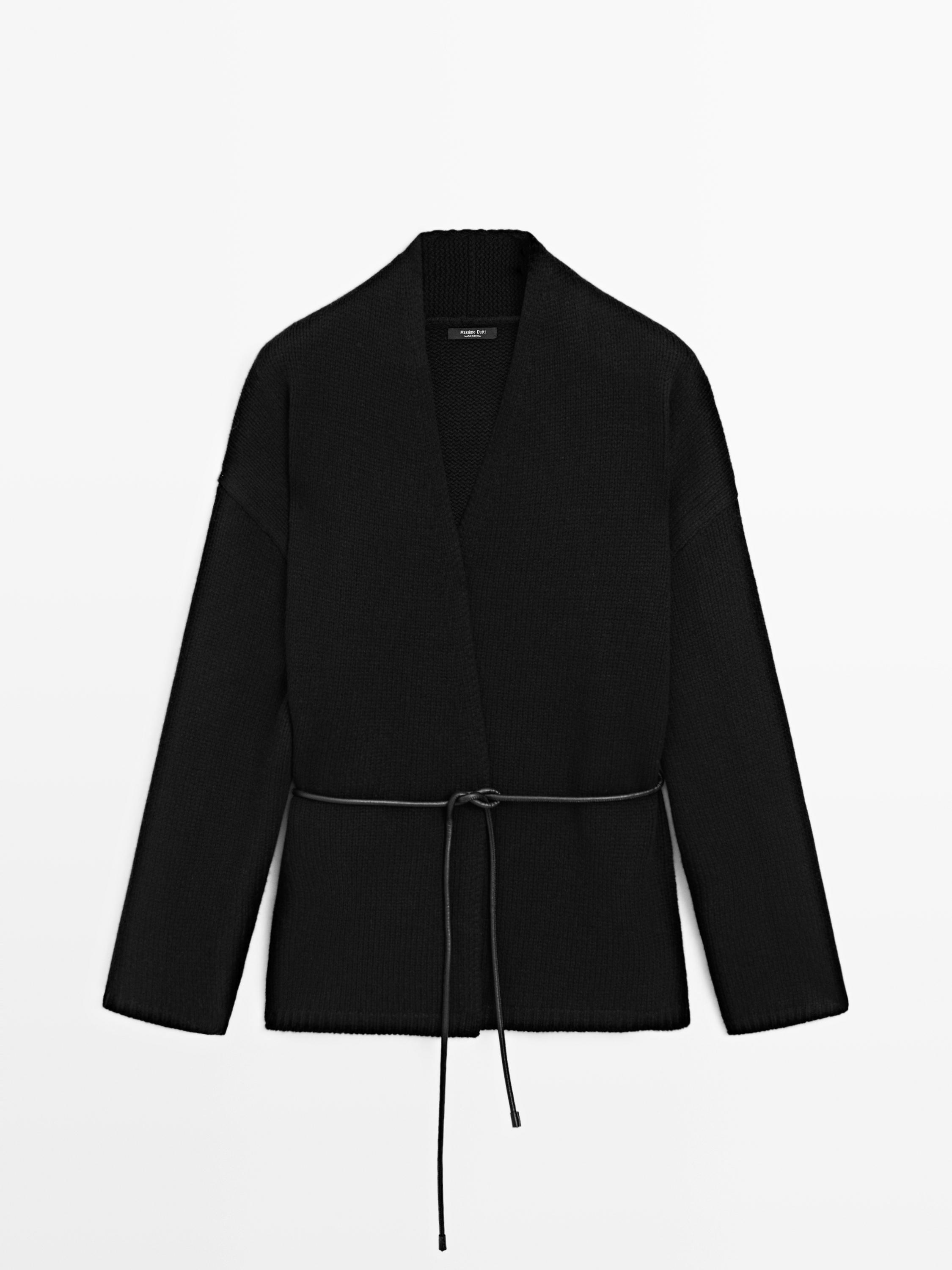 Long knit cardigan with belt