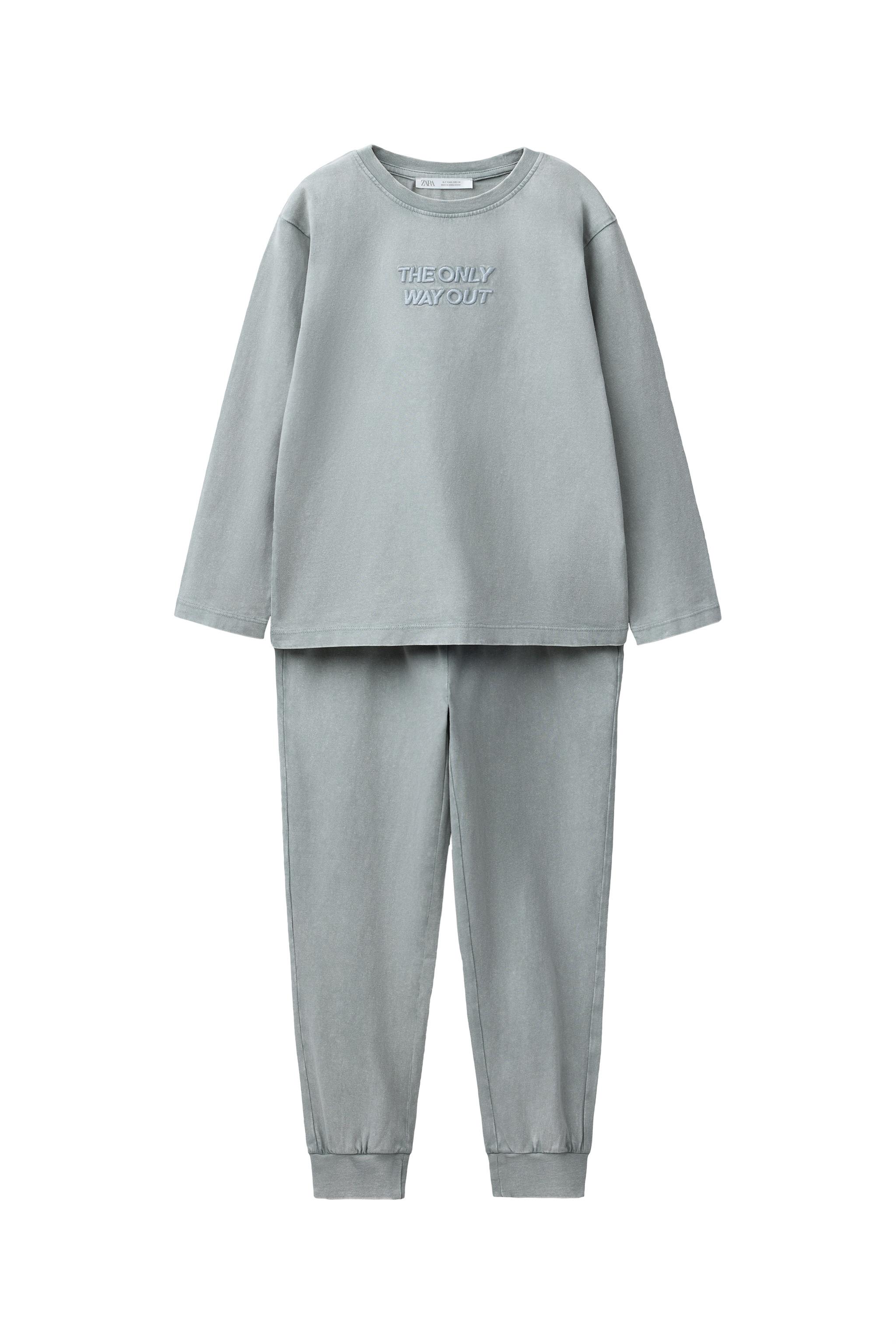 6-14 ANOS/ PIJAMA EFEITO LAVADO TEXTO BORDADO - Cinzento | ZARA Brasil