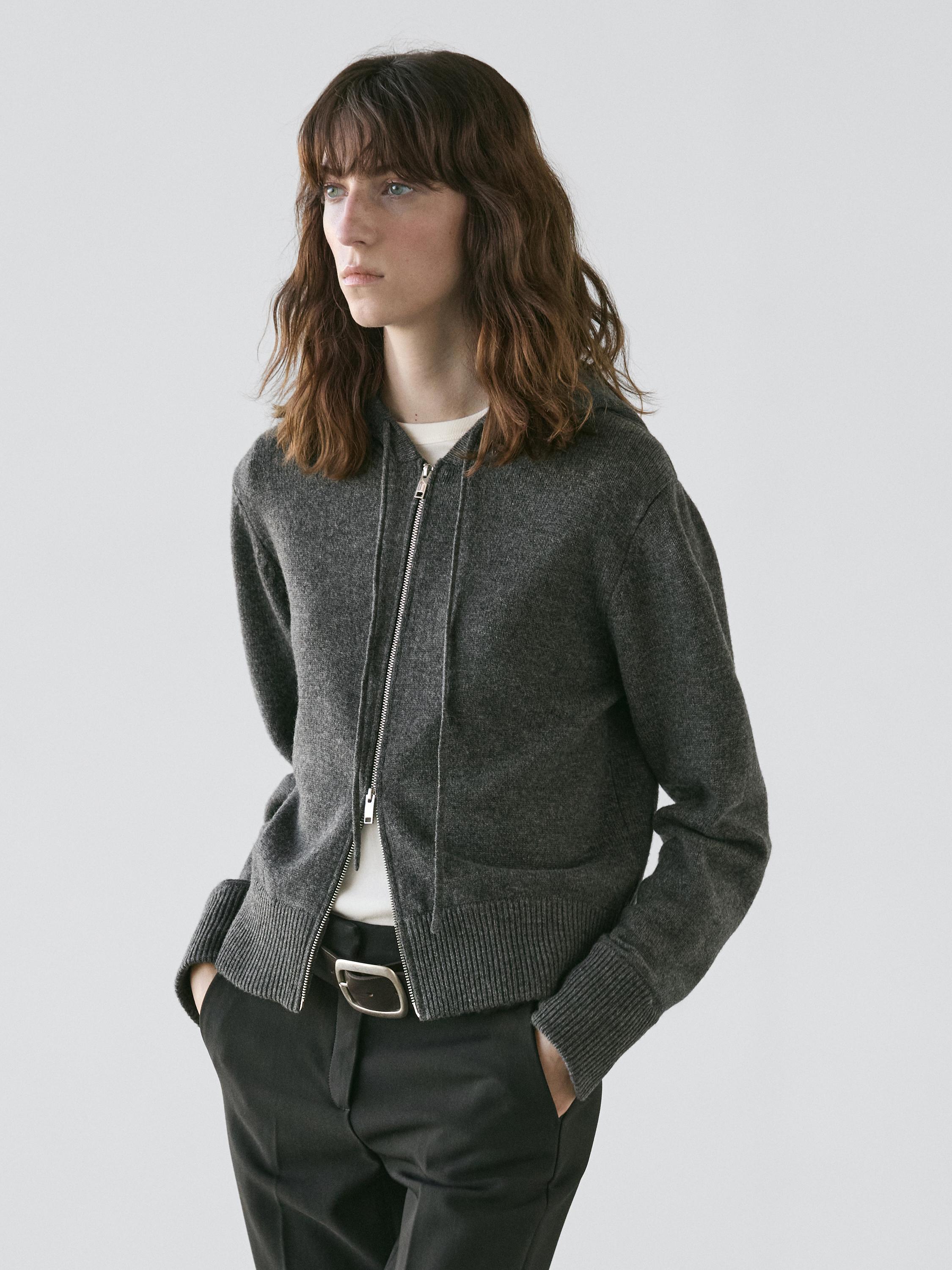 Wool blend zip-up cardigan with hood
