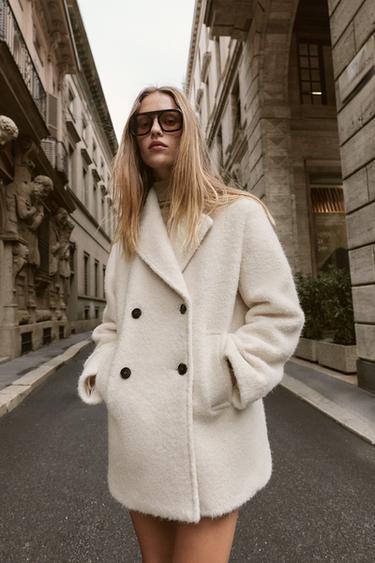 BOUCLÉ DOUBLE-BREASTED MID-LENGTH COAT - Ecru by Zara - Image 3