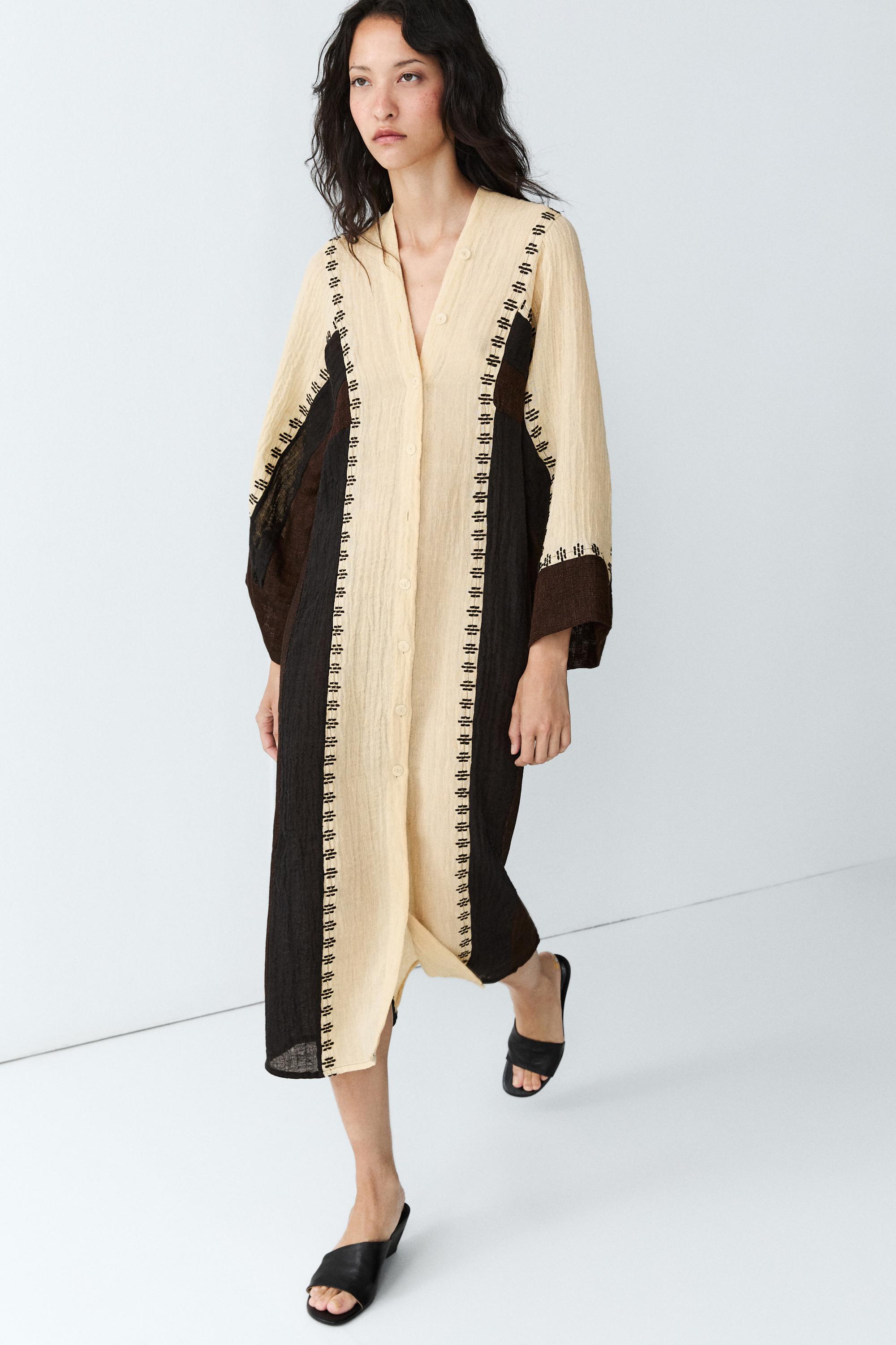 Linen blend embroidered kaftan dress — Brown