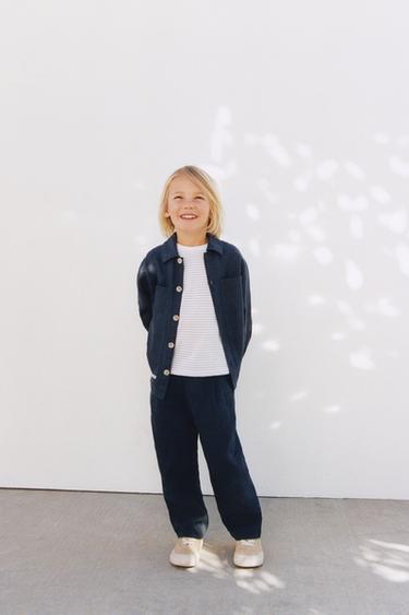 Zara LINEN BAGGY PANTS - Navy blue