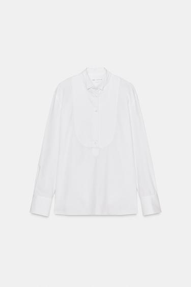 Zara ZW COLLECTION BIB-FRONT POPLIN SHIRT - White