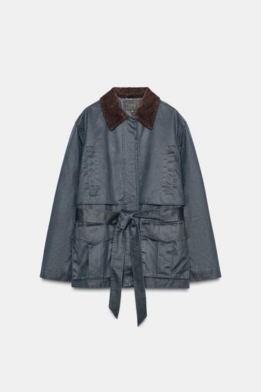 GEWACHSTER PARKA MIT CORDKRAGEN - Marineblau von Zara