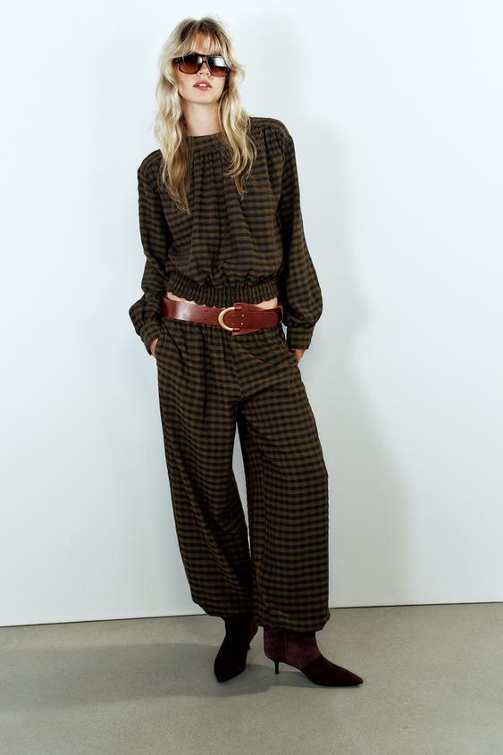 BLOUSE À CARREAUX - Marron foncé de Zara - Image 0