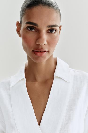 BLOUSE EN LIN À COL POLO - Blanc de Zara - Image 2
