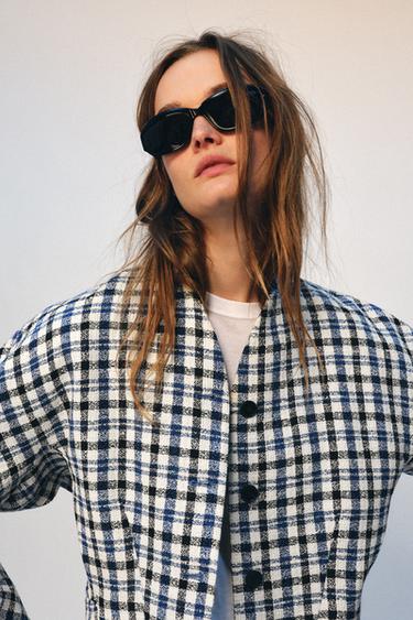 Zara ZW COLLECTION PLAID JACKET - Ecru / Blue