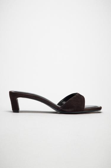 Zara SUEDE HEELED SANDALS - Chocolate Brown