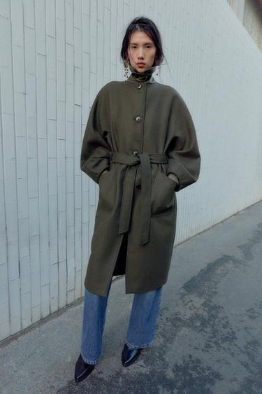 Zara 羊毛混紡氣球袖撞色領大衣 - 卡其色