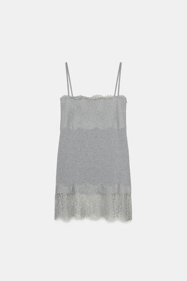 ROBE COURTE BIMATIÈRE DENTELLE - Gris chiné de Zara - Image 3