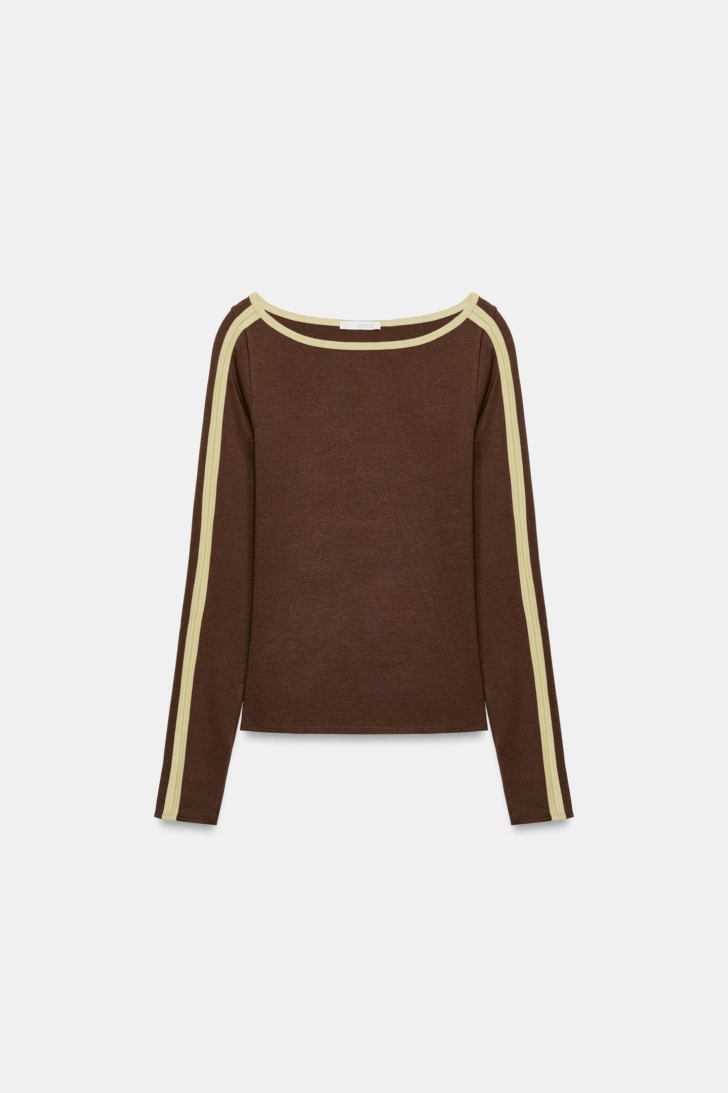 Женская футболка Zara Side Stripe, цвет: Коричневый — фото 6