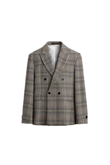 Zara PLAID DOUBLE BREASTED BLAZER - taupe brown