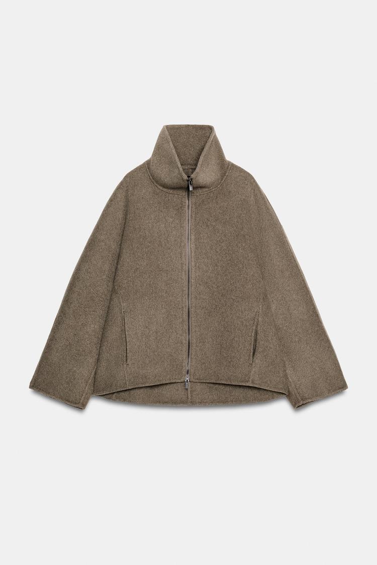ZW COLLECTION WOOL-BLEND CROPPED COAT — Brown / Taupe