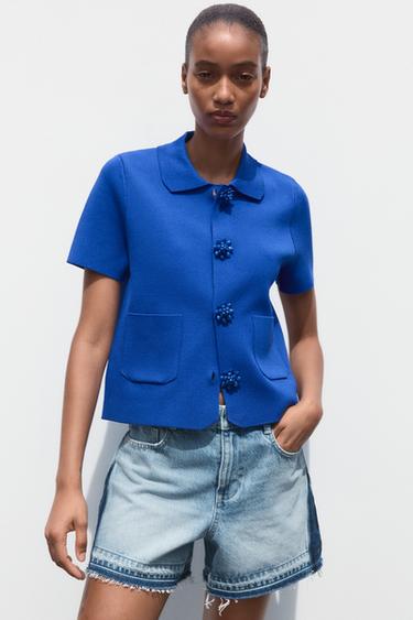 CARDINGAN WITH BEADED BUTTONS - Bluish by Zara